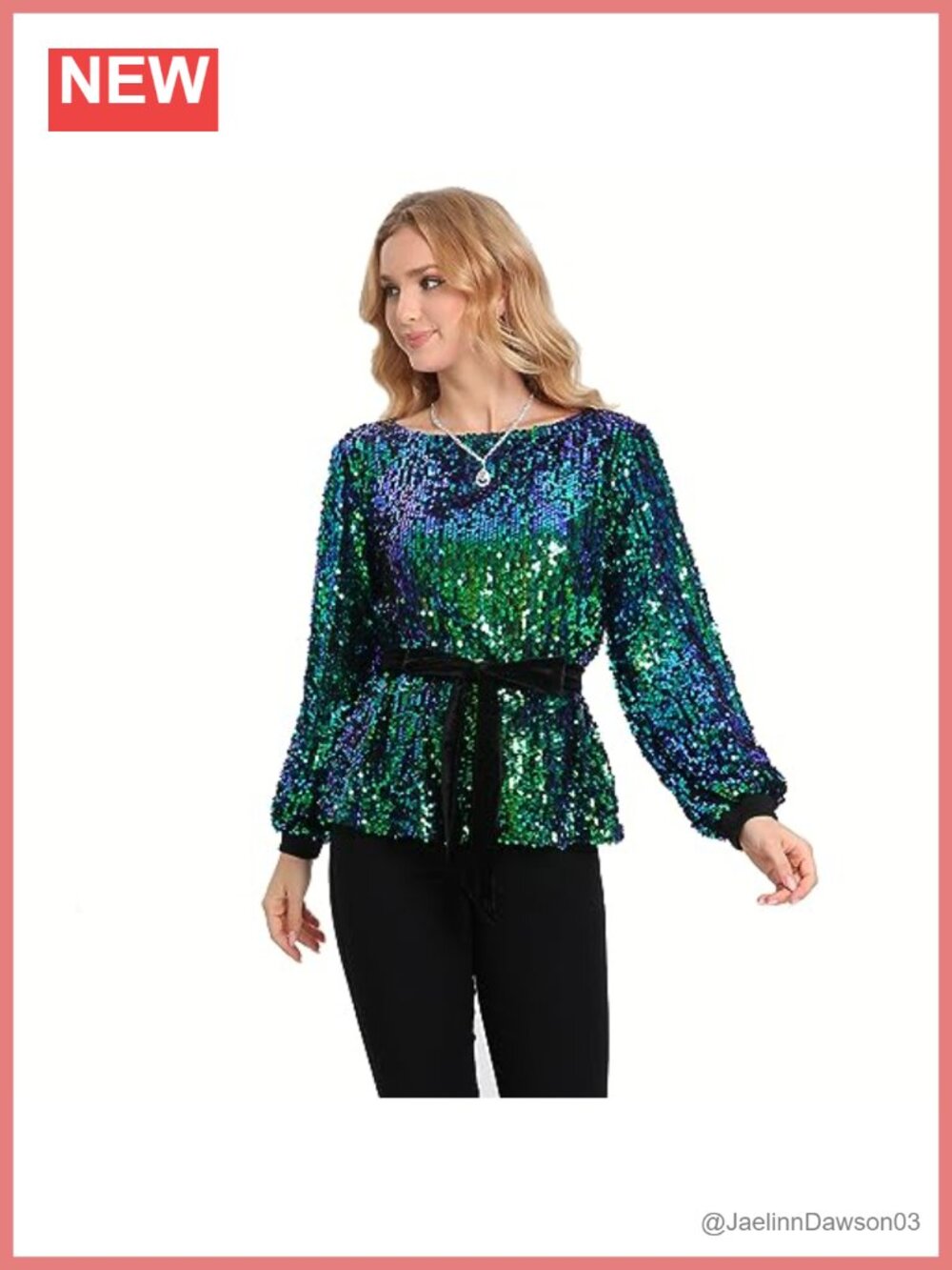 Sequin Tunic Top Long Sleeve with Belt Pullover Sparkly Party Blouse